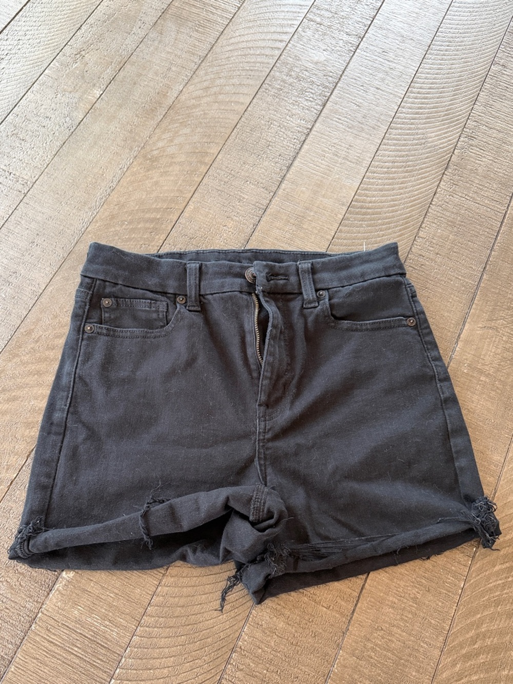 American Eagle Outfitters Black Curvy High-Rise Distressed Denim Shorts